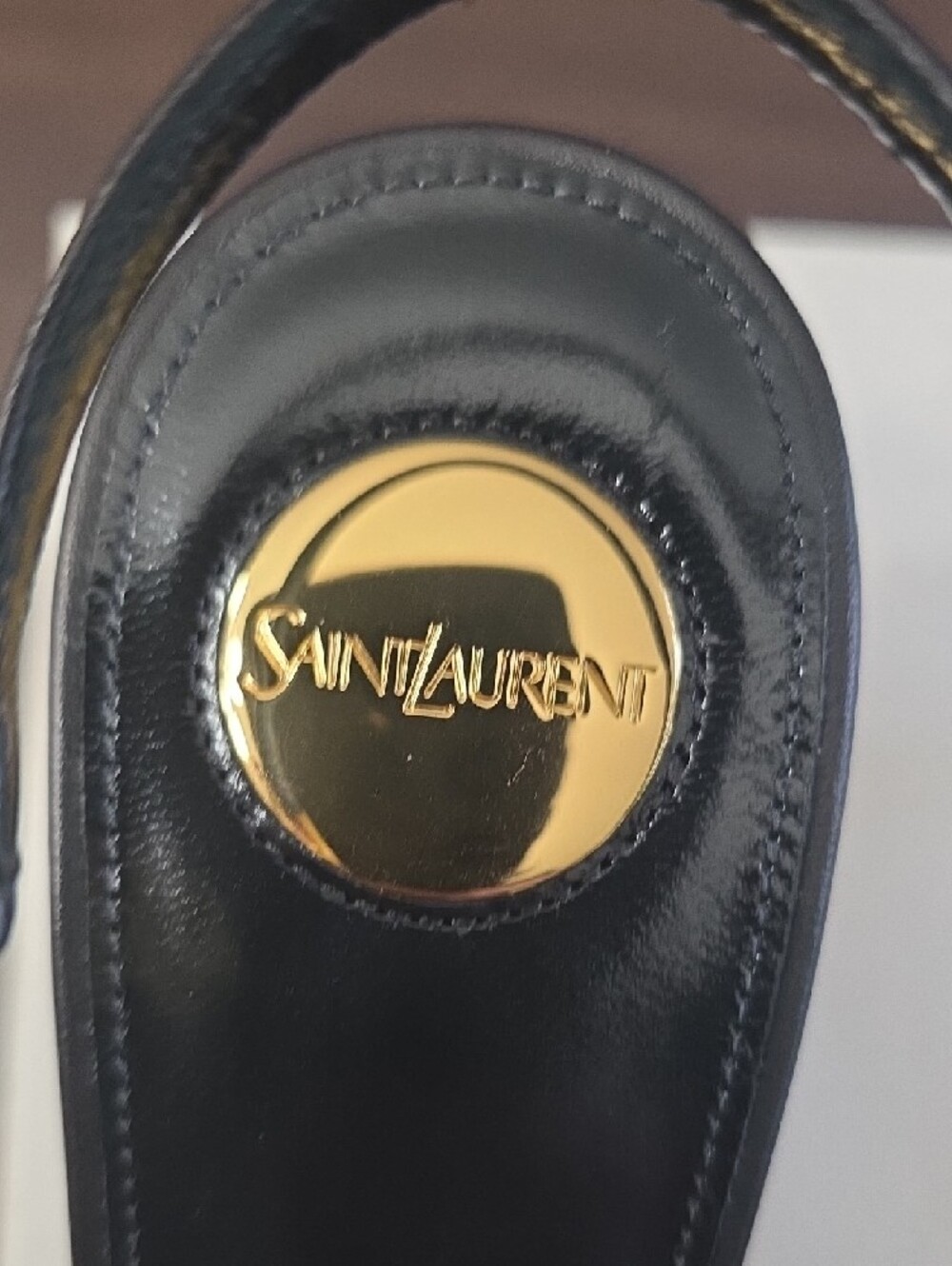Saint Laurent Black Leather Pointed Slingback Pumps with Gold Accents - Picture 6 of 16